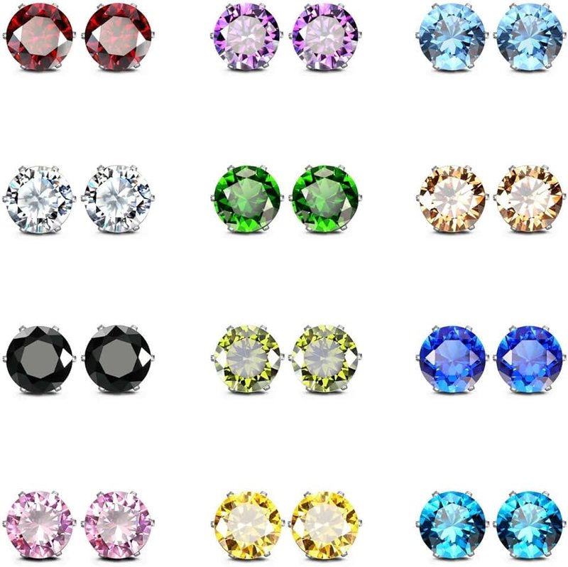 JewelrieShop JEWELRIESHOP Stud Earrings for Women Girl Stainless Steel Post Earrings Hypoallergenic CZ Birthstone Ear Studs Earings (12 Pair, 6mm)