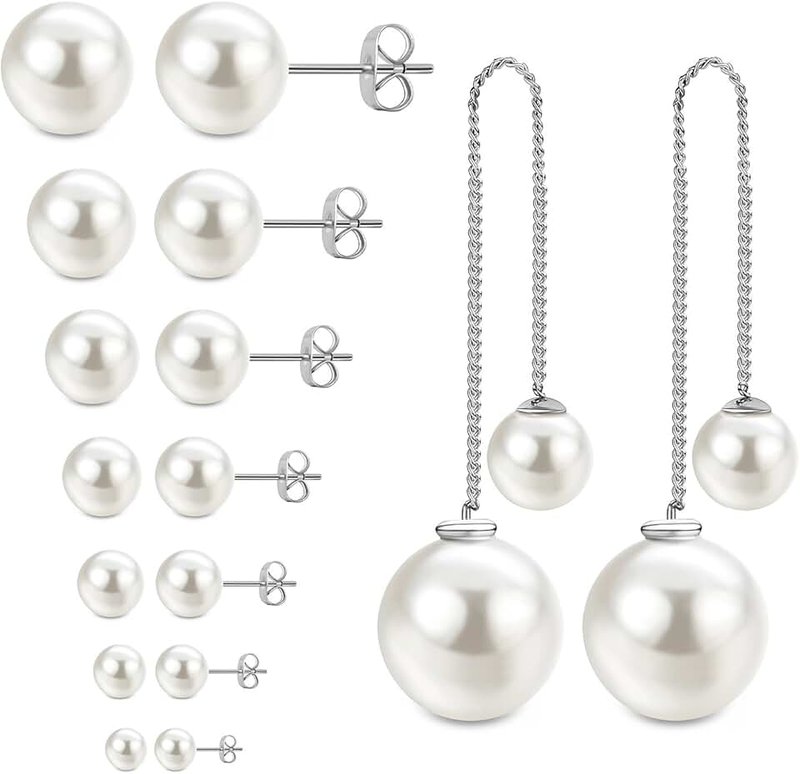 JewelrieShop JewelrieShop Pearl Earrings Faux Pearl Stud Ball Earrings Hypoallergenic Pearl Drop Dangle for Women (7 Pairs Studs and 1 Pairs Dangle Earrings)