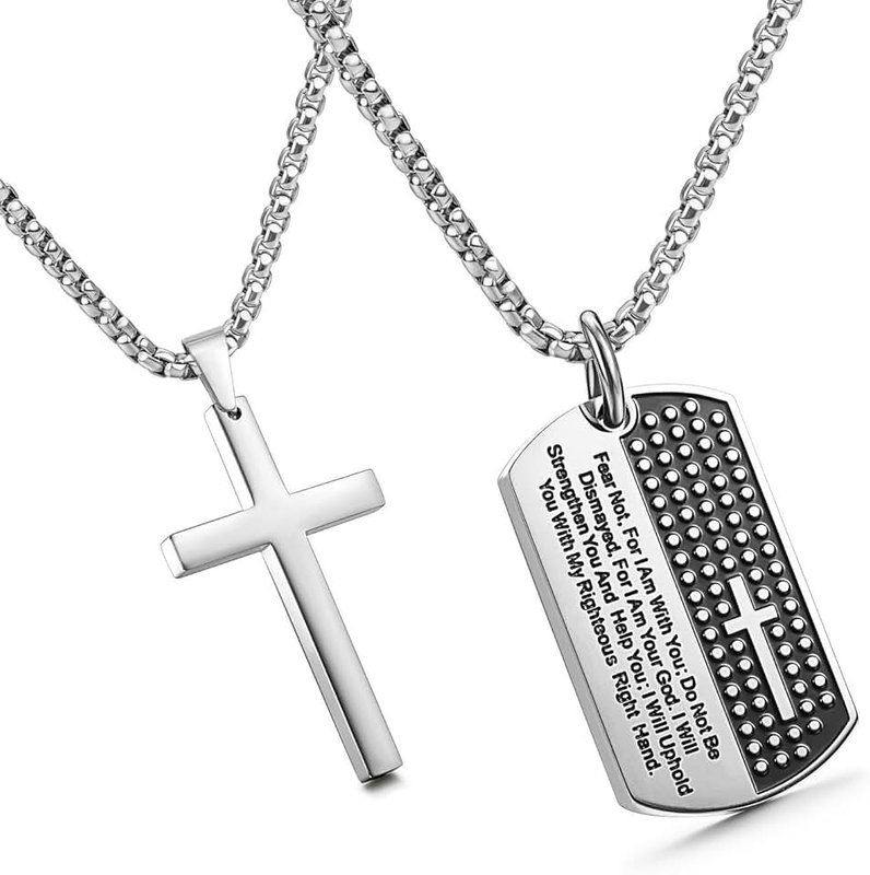 JewelrieShop Stainless Steel Mens Cross Necklace Lord's Prayer Dog Tag Pendant Mens Necklace Stainless Steel Necklace for Men - Isaiah 41:10