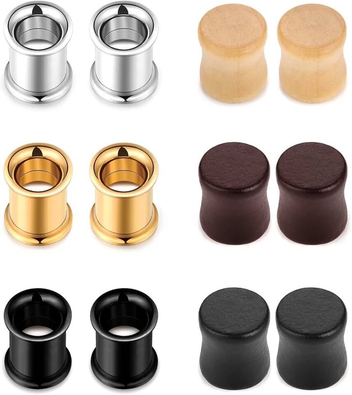 JewelrieShop Stainless Steel Double Flared Tunnels Wood Plug Ear Gauges Earrings Saddle Plugs and Tunnels for Ears (0g,00g,8mm,10mm,6 pairs)