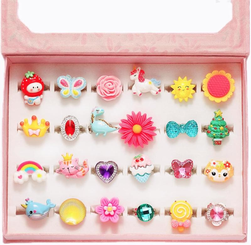 PinkSheep Little Girl Jewel Rings in Box, Adjustable, No Duplication, Girl Pretend Play and Dress Up Rings (24 Lovely Ring), Silicone, No Gemstone