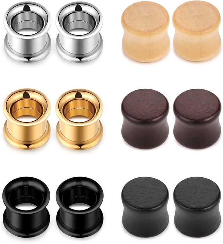JewelrieShop Stainless Steel Double Flared Tunnels Wood Plug Ear Gauges Earrings Saddle Plugs and Tunnels for Ears (0g,00g,8mm,10mm,6 pairs)