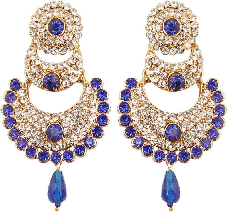 Touchstone Indian Bollywood Glamorous Handcrafted contemporary Designer Jewelry long Chandelier Earrings In Rhinestone crystal Gold or Silver Tone For Women.