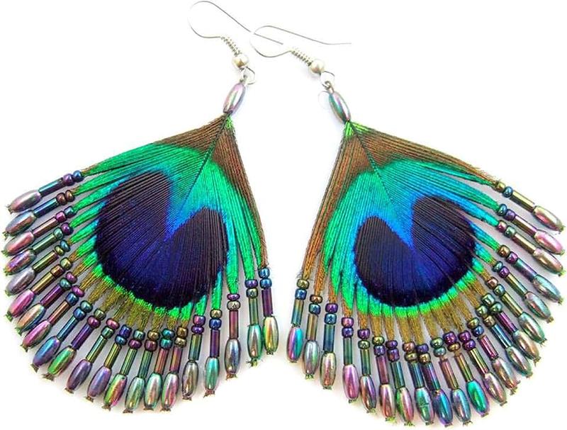 Swimmi Hand Beaded 2.4 Iridescent Peacock Feather Beads Dangle Earrings ;FA014
