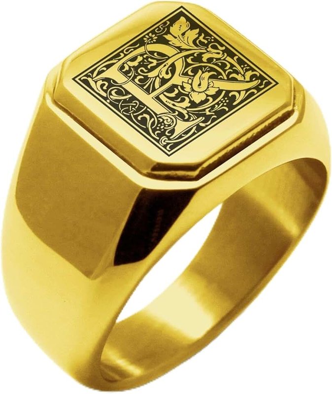 Tioneer Stainless Steel Letter R Alphabet Initial Floral Monogram Engraved Square Flat Top Biker Style Polished Ring