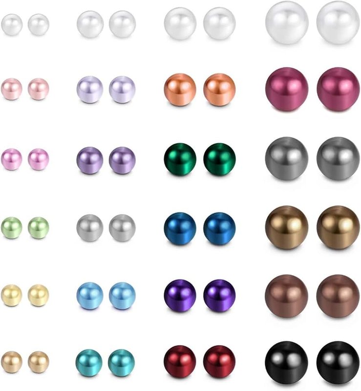 JewelrieShop JewelrieShop Faux Pearl Earrings Stud Set for Women Fake Colorful Pearls Studs Earing Pack Hypoallergenic Stainless Steel Ball Studs Jewelry (24pairs,4-8mm,Assorted Size,MultiColor)