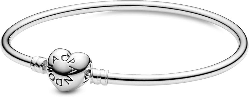 PANDORA Moments Logo Heart Clasp 925 Sterling Silver Charm Bangle Bracelet,