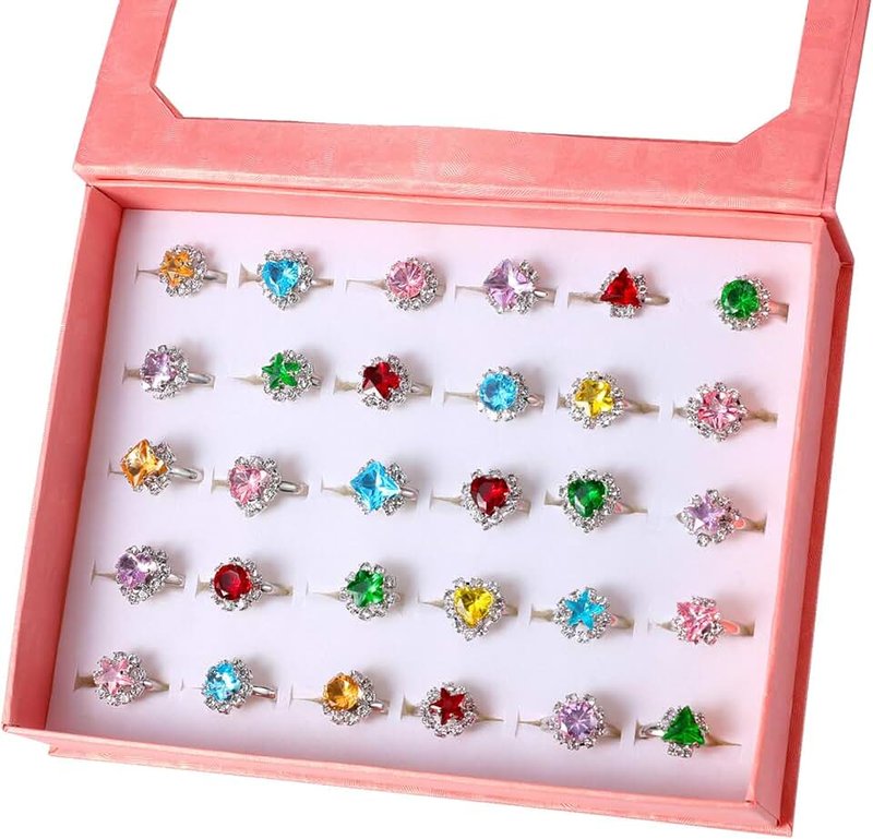 PinkSheep Jewel Rings for Kids 24pc Adjustable No duplication Girl Pretend Play and Dress Up Rings