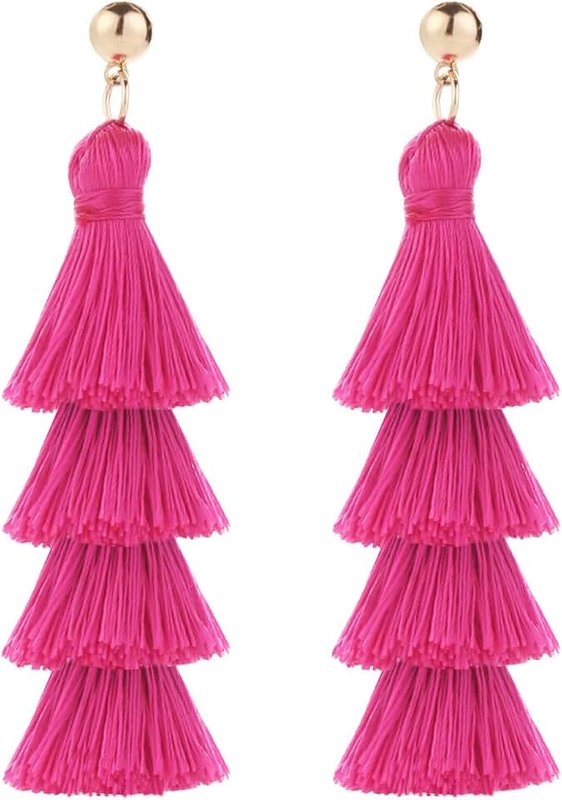 BaubleStar Tassel Earrings Handmade Tiered Thread Tassel Dangle Earrings, Multi Colors