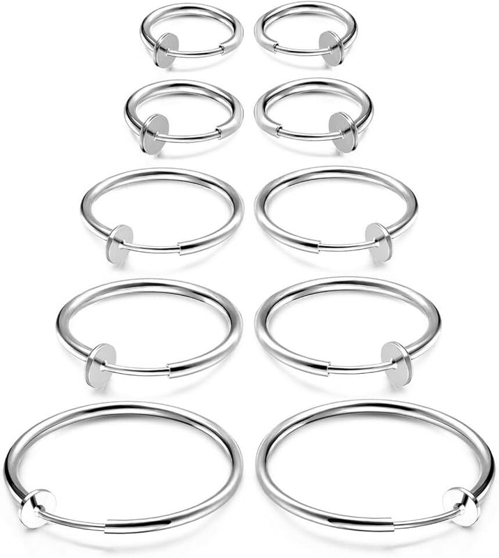 JewelrieShop Clip On Hoops, Clip On Earrings Fake Earrings for Men and Women, Non-Piercing Spring Hoop Earrings for Sensitive Ears Fake Cartilage Earrings - 5 Pairs