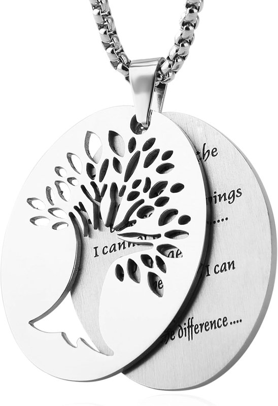 HZMAN Two Piece Serenity Prayer Stainless Steel Pendant Necklace With Tree Of Life Cut Out