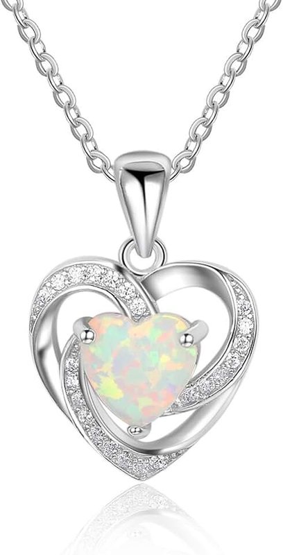 Lam Sence Lam Sterling Silver 7mm Heart Shape Created Opal framed with Spiral Diamond Heart Pendant Necklace