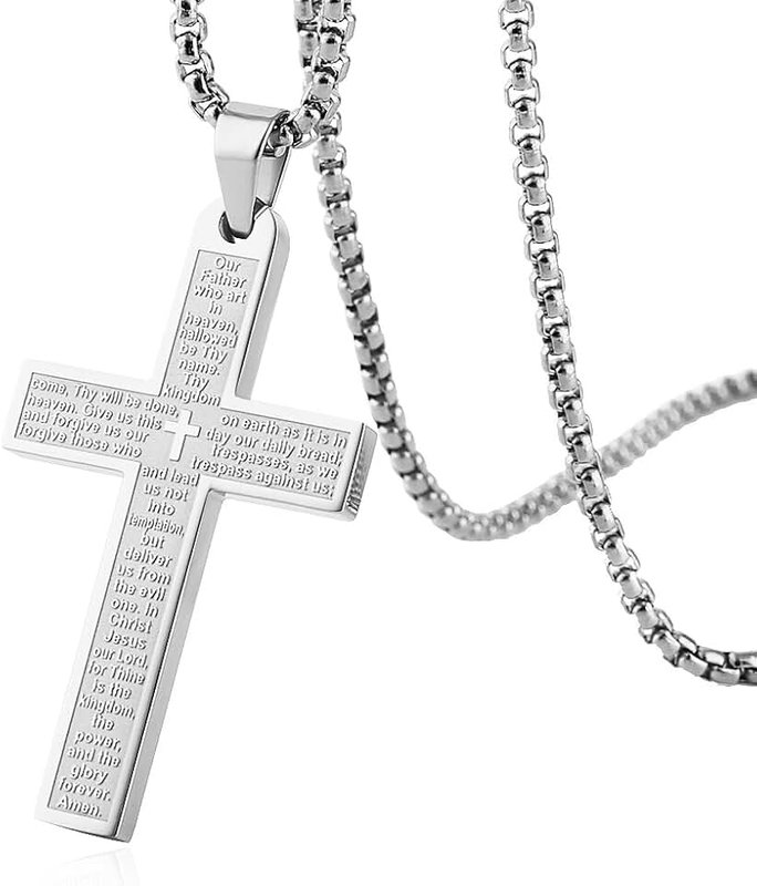 HZMAN Stainless Steel Mens Womens Cross Necklace Lord's Prayer Pendant 4 Colors Available