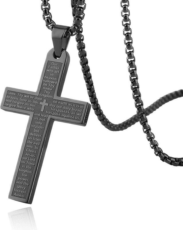HZMAN Stainless Steel Mens Womens Cross Necklace Lord's Prayer Pendant 4 Colors Available