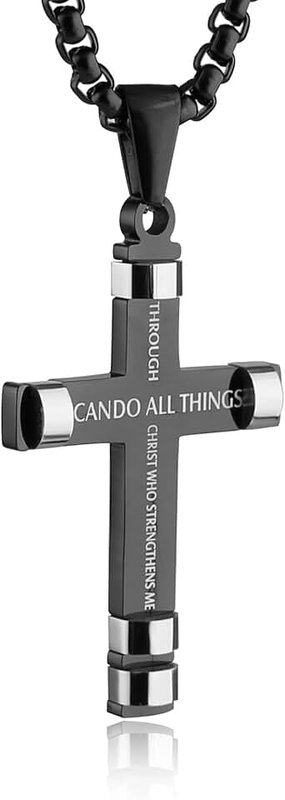 HZMAN Philippians 4:13 Cross Pendant STRENGTH Bible Verse Stainless Steel Necklace 3 Colors Available