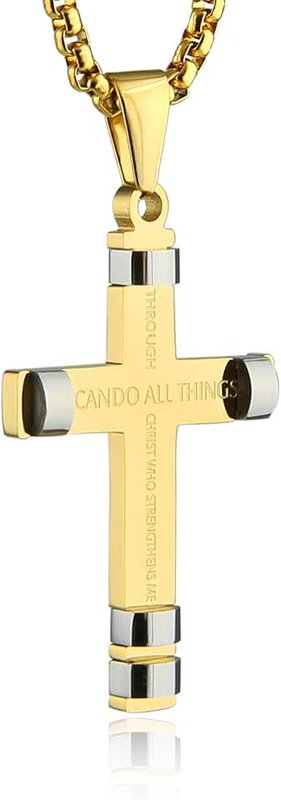 HZMAN Philippians 4:13 Cross Pendant STRENGTH Bible Verse Stainless Steel Necklace 3 Colors Available