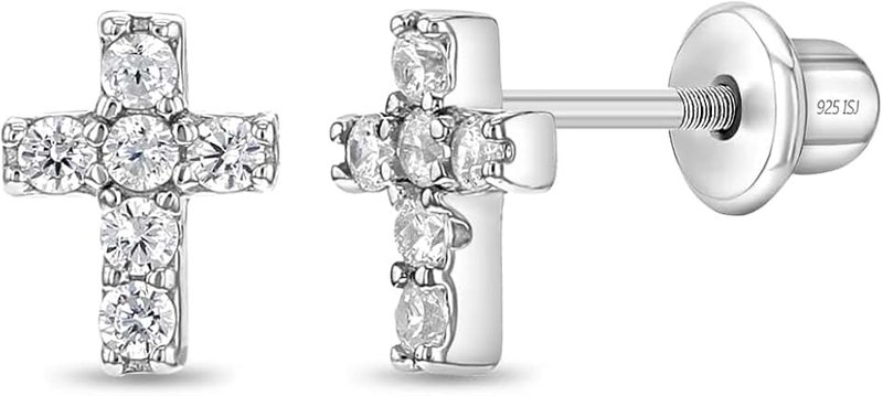 In Season Jewelry 925 Sterling Silver Cubic Zirconia Little Cross Shape Stud Earrings with Safety Screw Back Lock for Toddlers, Little Girls, Pre-Teens & Teens - Christian Jewelry for Sweet & Loving Children