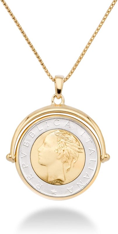 Miabella 18K Gold Over Sterling Silver Italian Genuine 500-Lira Reversible Flip Coin Pendant Necklace for Women,18, 20 Inch Chain 925 Medallion Necklace Made in Italy