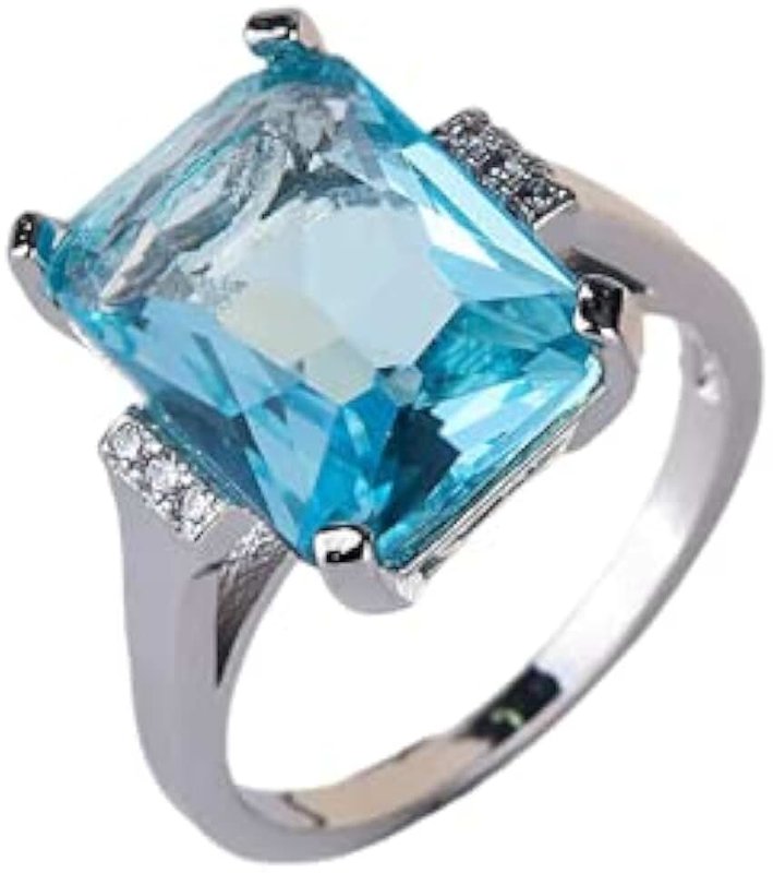 Zhiwen DOCCESTU Vintage Fashion Women 925 Silver Aquamarine Gemstone Ring Engagement Wedding Jewelry Size 5-11