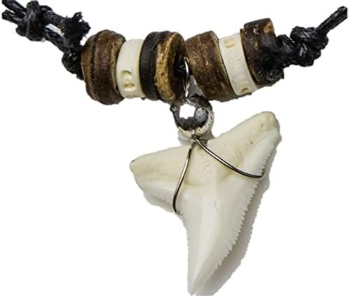 Genuine Blue Shark Tooth Wood Beaded Fish Bone Beads Chrome Ball Necklace Ocean Surf Wear Oceanicshark 042