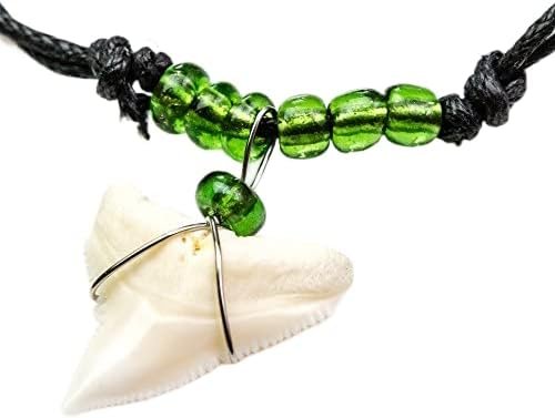 Real Bull Shark (Carcharhinus Leucas) Tooth Translucent Lime Green Glass Beaded Necklace For Sale Boys Gift Oceanicshark 063