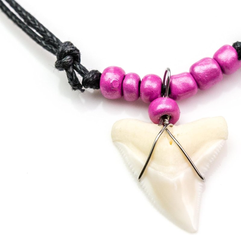 Predator Bull Shark “Carcharhinus Leucas”Tooth Metallic Pink Beaded Necklace For Sale Oceanicshark 064