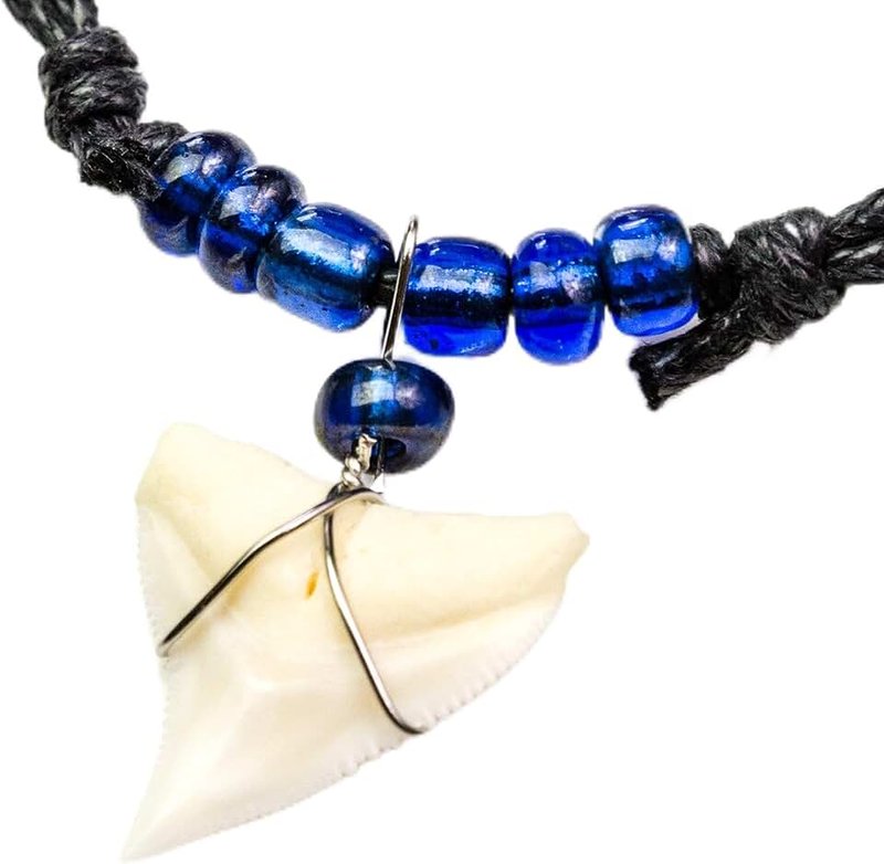 Oceanicshark Genuine Bull Shark Tooth Glass Neon Electric Blue Beaded Cord Necklace Oceanicshark Au 074