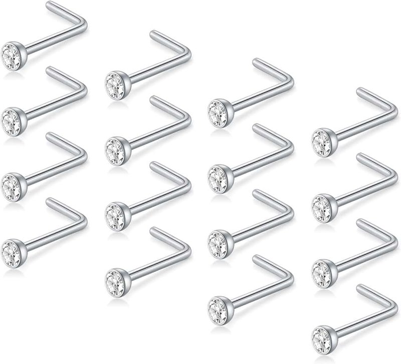 D.Bella 18G 20G Nose Studs Stainless Steel 2mm Opal CZ L Shaped Nose Rings Studs Nose Rings for Women Nostrial Piercing Jewelry