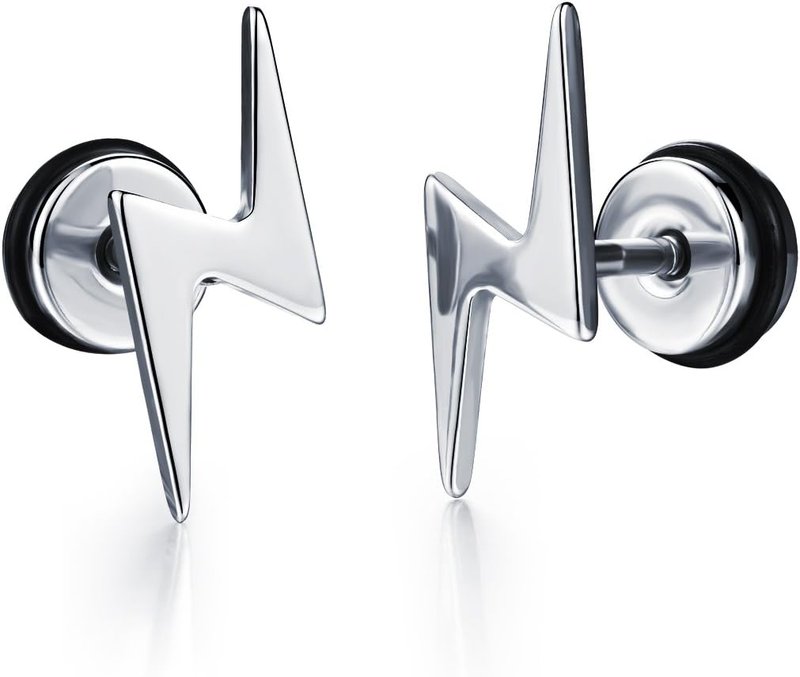 Unisex Screw Flat Back Lightning Bolt Stud Earring in High Polished Surgical Steel - Plated in 14K Yellow Gold or 925 Sterling Silver