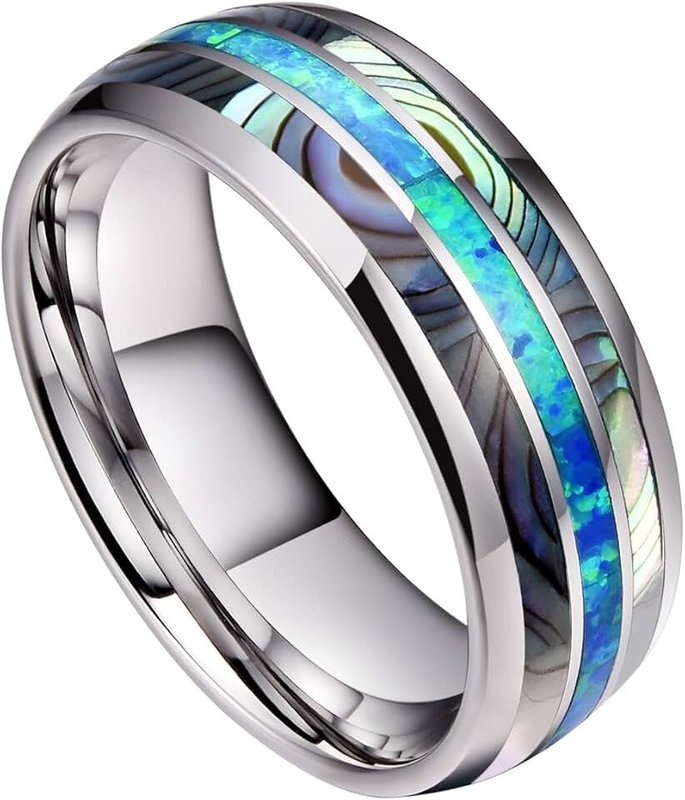 DOUX 8mm Mens Tungsten Carbide Ring Real Blue Opal & Abalone Shell Inlay Wedding Band High Polished