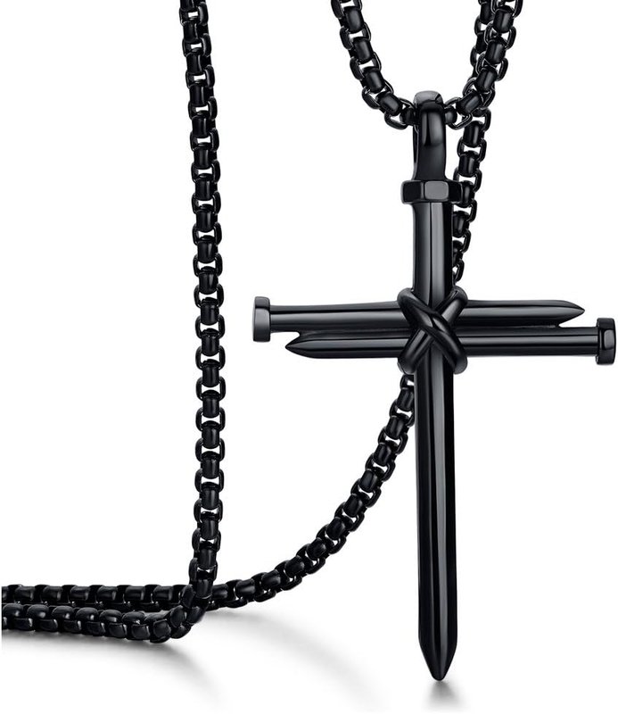 Rehoboth Men's Stainless Steel Nail Cross Pendant Necklace with 24 Inch Chain Polished Black Gold Silver