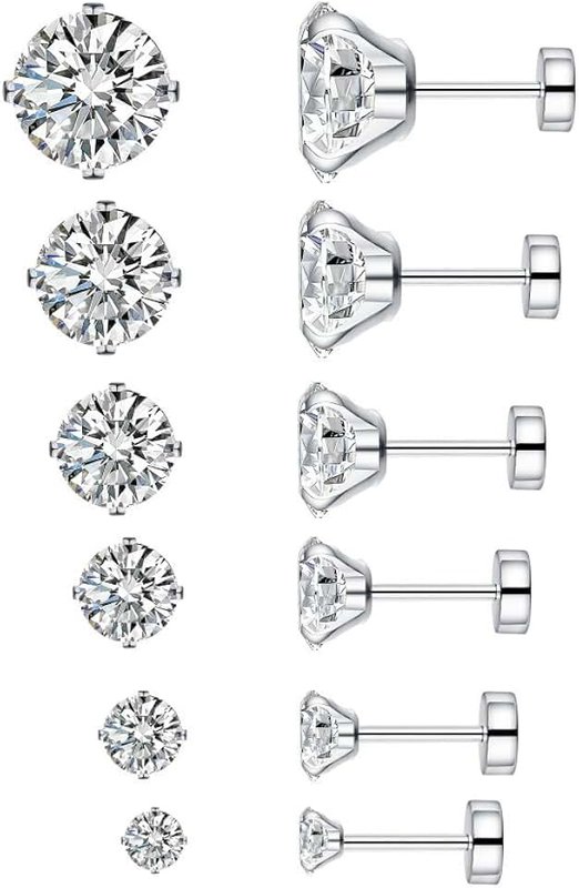 NewZenro 6 Pairs 18g 20g Stainless Steel Cubic Zirconia Stud Earrings for Women Men Cartilage Ear Piercings Helix Tragus 3-8mm Set Flat Screw Backs