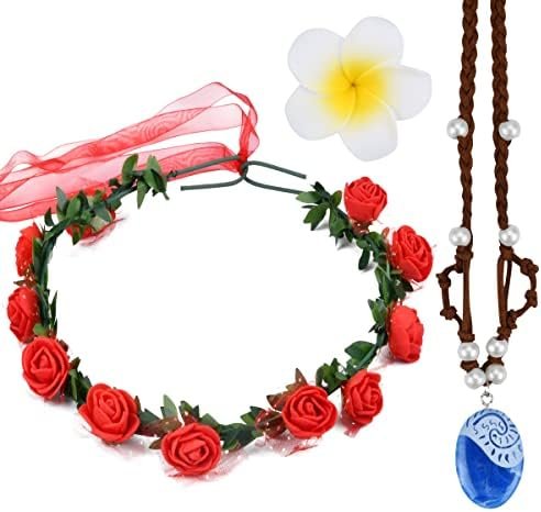 Buufan Girl Sapphire Necklace for Princess Moana Cosplay with Floral Wreath Headband & Flower Hair Clip,MOANA Movie Costume Accessories,Blue Pendant Necklace for Girl Children Birthday Party Dress Up