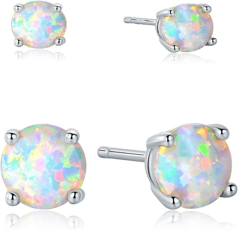 GEMSME 18K White Gold Plated 6mm Round White Opal Stud Earrings For Women