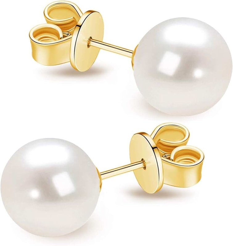 JORA 14K Gold AAA+ Handpicked Round Freshwater Cultured White Pearl Stud Earrings for Women Girls