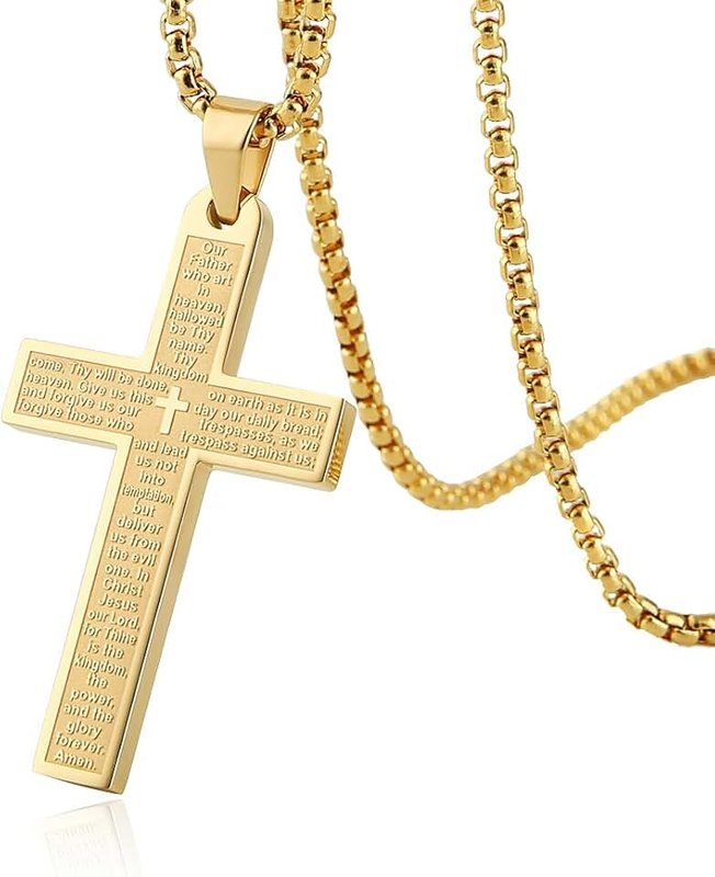 HZMAN Stainless Steel Mens Womens Cross Necklace Lord's Prayer Pendant 4 Colors Available
