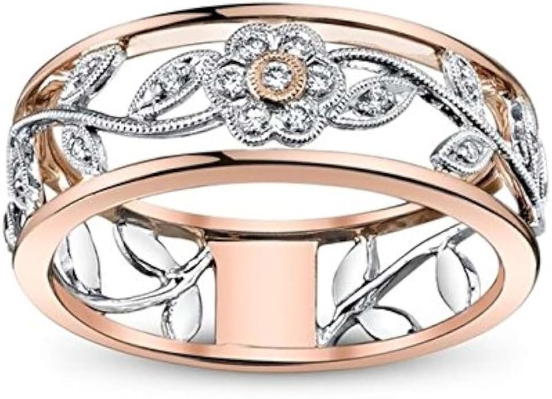 ZHX Zhx Exquisite Women's 925 Sterling Silver Floral Ring Proposal Gift Two Tone Diamond Jewelry 18K Rose Gold Vine Flower Bridal Engagement Rings Wedding Band Size 6-10 (6)