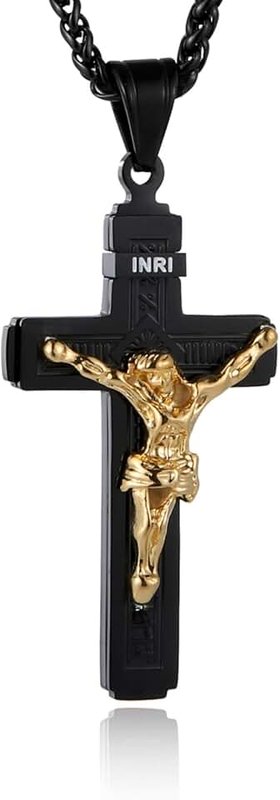 HZMAN Stainless Steel Cross Necklace for Men Women Religious Catholic Jesus Christ on INRI Crucifix Pendant 22+2 Chain