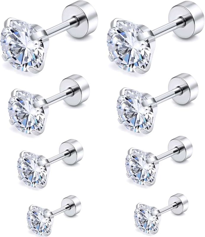 Cisyozi 20G 18G Hypoallergenic Flat Back Earrings Studs for Women Men 316L Surgical Steel Screw Back Studs Earrings Cartilage Earlobe Earrings Piercings CZ Size 2mm 3mm 4mm 5mm 6mm 7mm 8mm