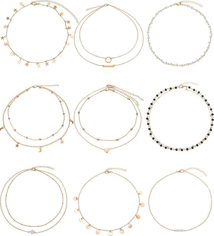 BBTO 9 Pieces Gold Layering Chain Choker Necklace Layered Pendant Statement Necklace for Women Girls (Style A)