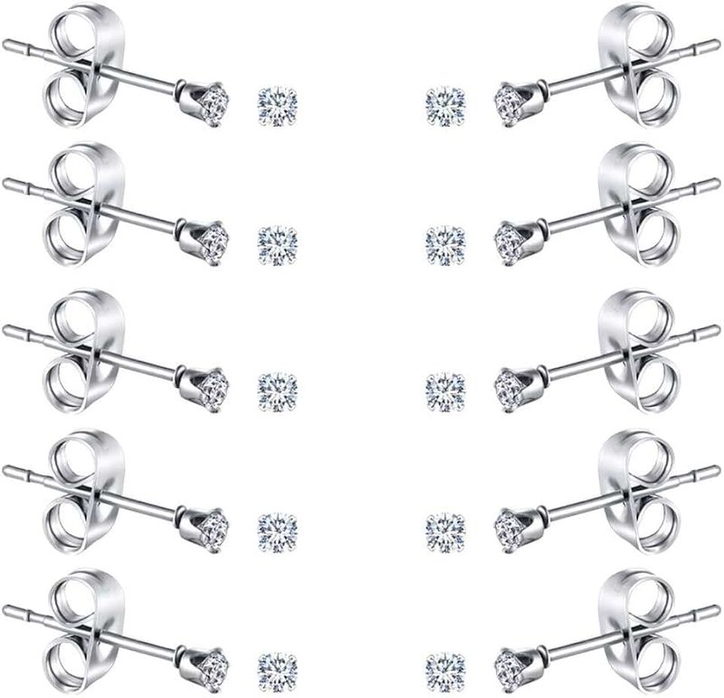 FOSIR 2-4MM Tiny Women's Stainless Steel Round Clear Cubic Zirconia Stud Earrings(6-10 Pairs)