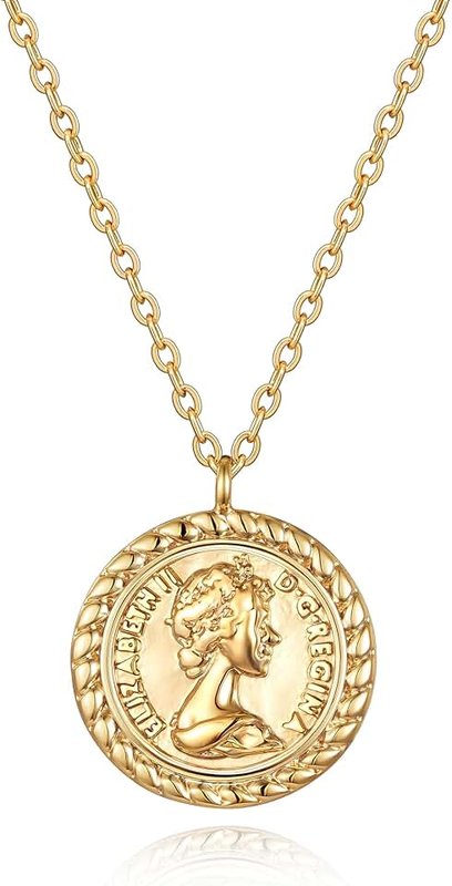 VACRONA Gold Coin Pendant Necklaces,18K Gold Filled Dainty Elizabeth Ⅱ Queen British Engraved Disc Vintage Necklaces Jewelry for Women