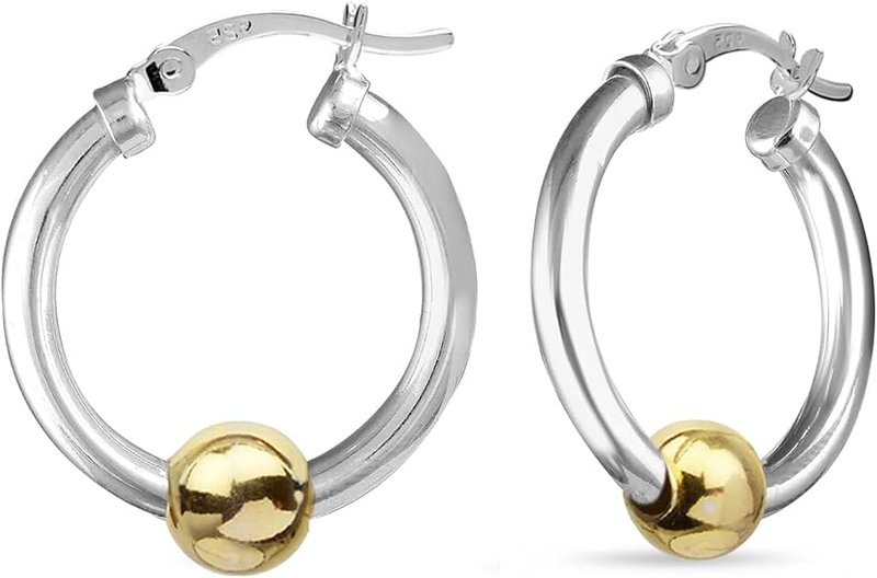 LeCalla 925 Sterling Silver Hoops Earring 14K Gold Plated Two Tone Bead Ball Hoop Earrings for Women