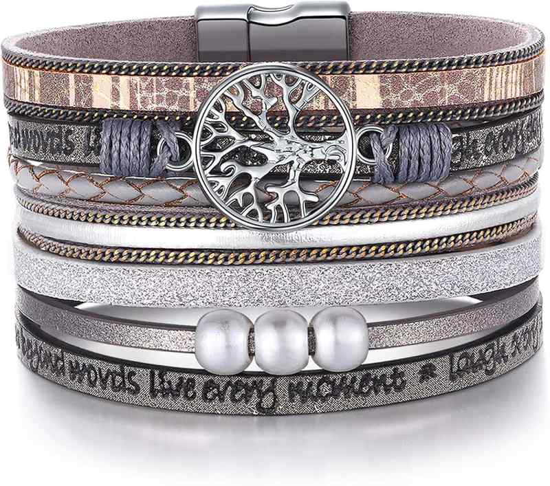 DESIMTION Inspirational Tree of Life Leather Bracelets for Women,Birthday Mothers Day Jewelry Gifts for Teen Girls