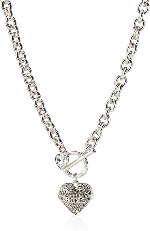 GUESS Women's Pave Heart with Logo Banner Pendant Toggle Necklace
