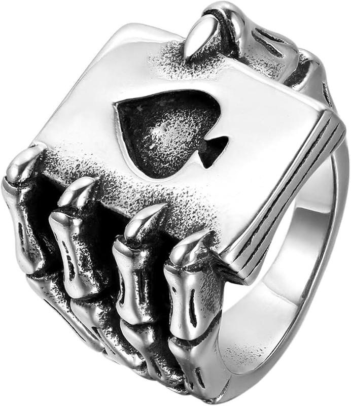 JewelryWe Mens Stainless Steel Ring, Gothic Skull Hand Claw Poker Playing Card, Black Silver, for Father's Day