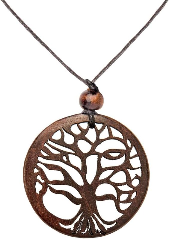 81stgeneration Natural Wood Round Tree of Life Necklace - Laser Cut Out Pendant - Black Choker Cord Handmade Necklaces - Spiritual Ladies Gifts - Celtic Pendant Necklace for Men