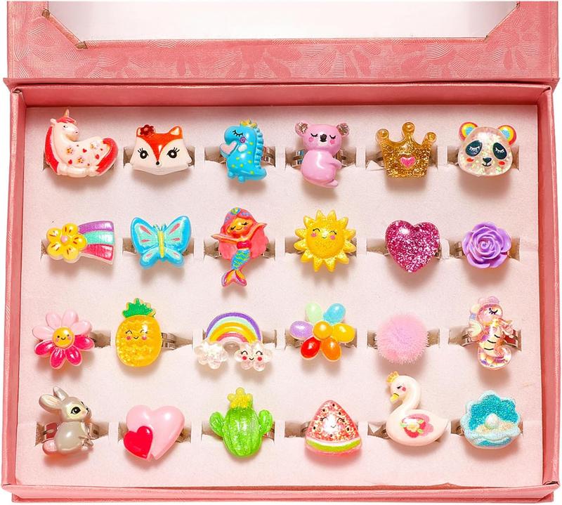 PinkSheep Little Girl Jewel Rings in Box, Adjustable, No Duplication, Girl Pretend Play and Dress Up Rings (24 Bling Ring), Acrylic,Metal
