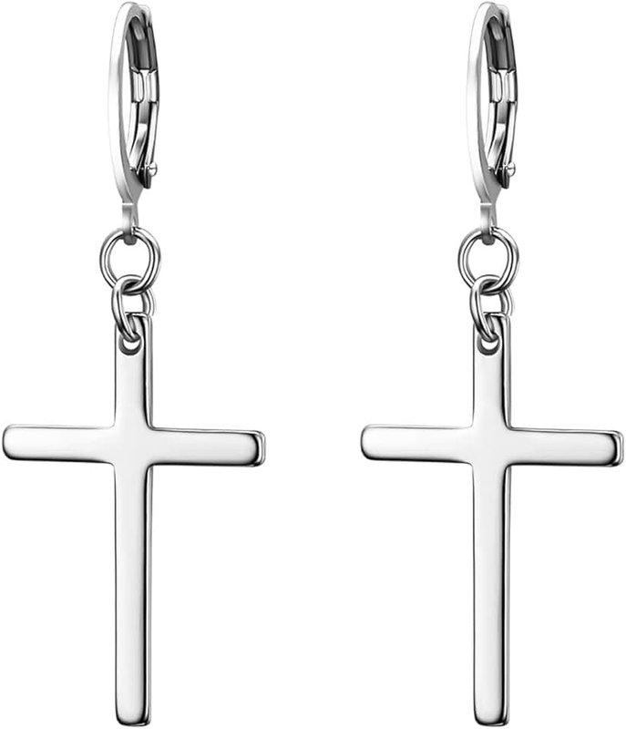 JewelryWe Mens Womens Earings Long Cross Stainless Steel Eardrop Gold Silver Tone Trendy Earbob for Boys Girls