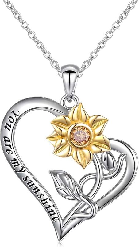 DAOCHONG S925 Sterling Silver Sunflower with CZ Pendant Necklace Ring Earrings Bracelet Jewelry Set for Women 18"